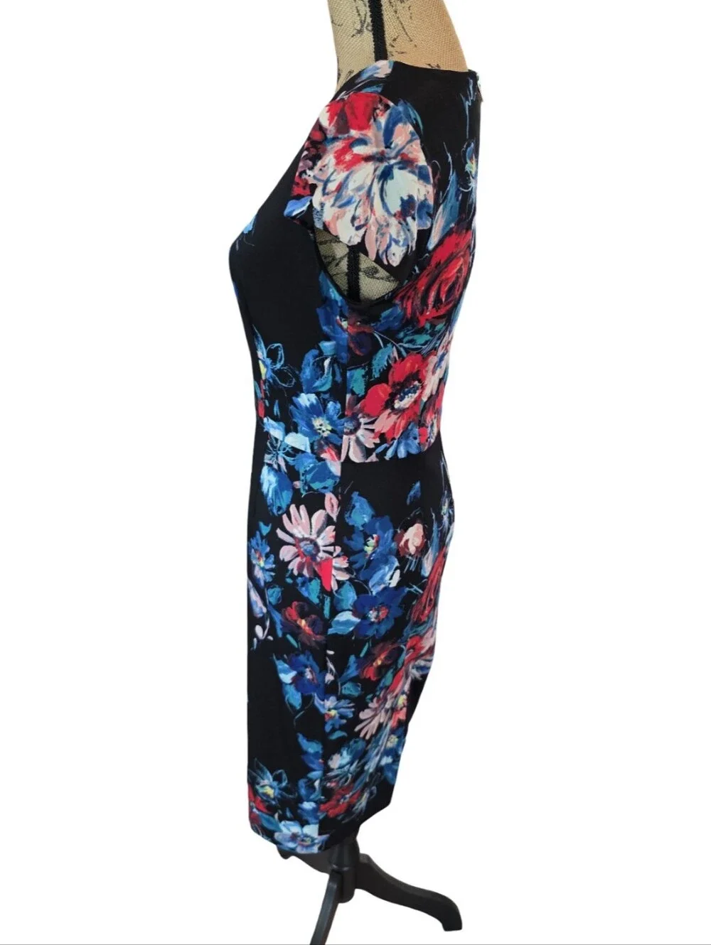 Betsey Johnson Black Floral Sheath Midi Dress with Pink &‎ Blue Blooms Size 4